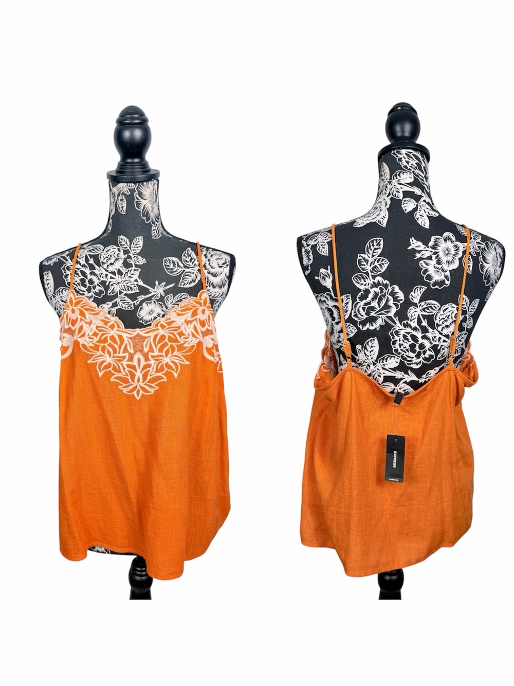 NWT Express orange linen blend floral embroidered tank top size large